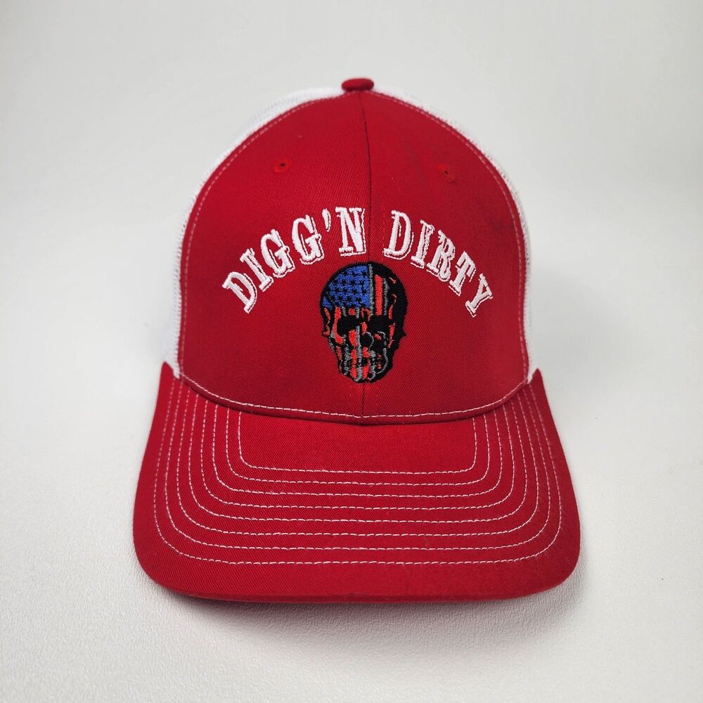 Diggin Dirty Skull Trucker Hat Red White Mesh Snapback Richardson 112 Cap
